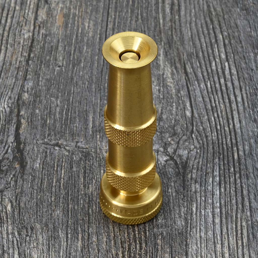 Brass Adjustable Water Nozzle by Dramm standing on end